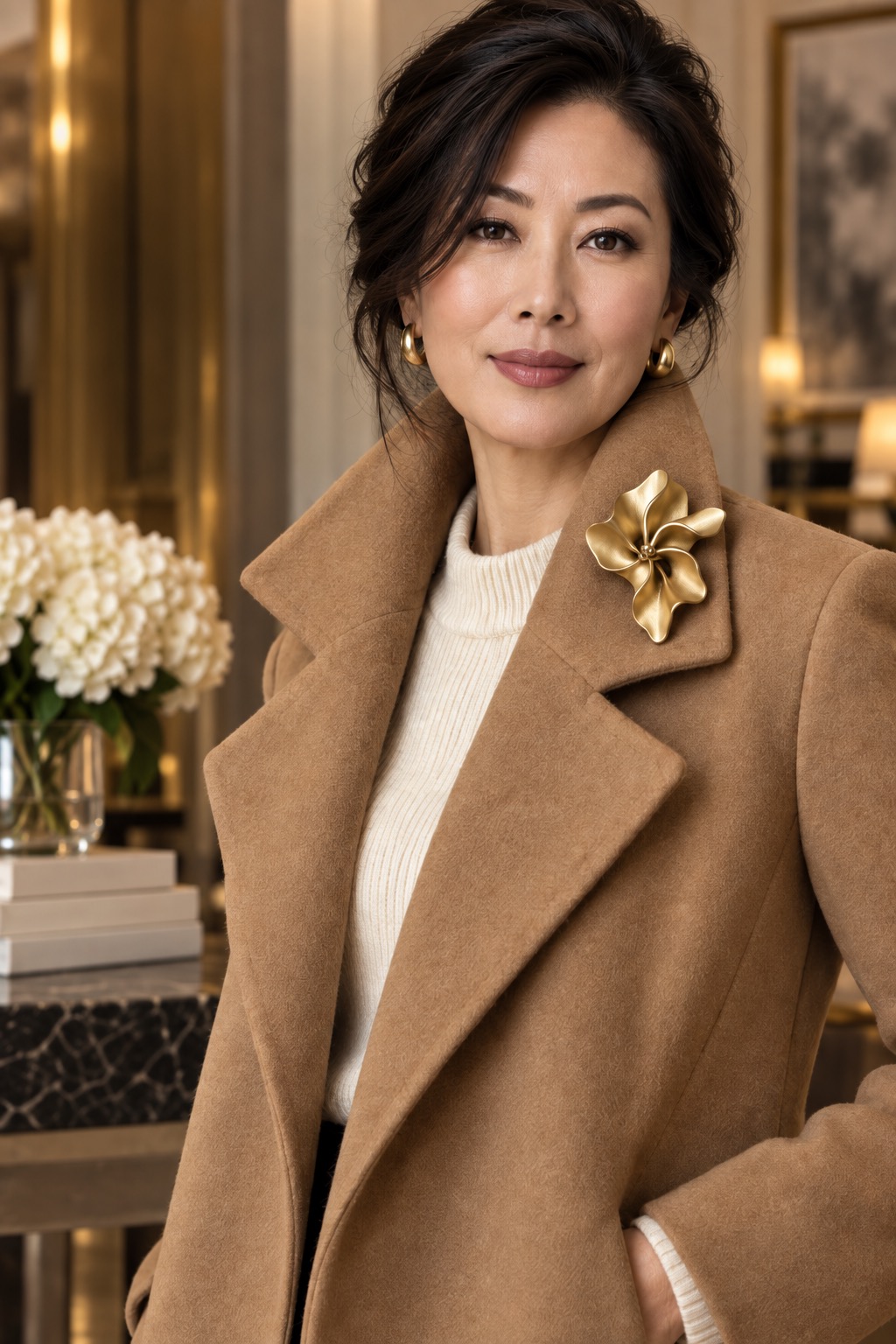 Elegant woman wearing a camel coat with a large sculptural gold flower brooch high near the collar