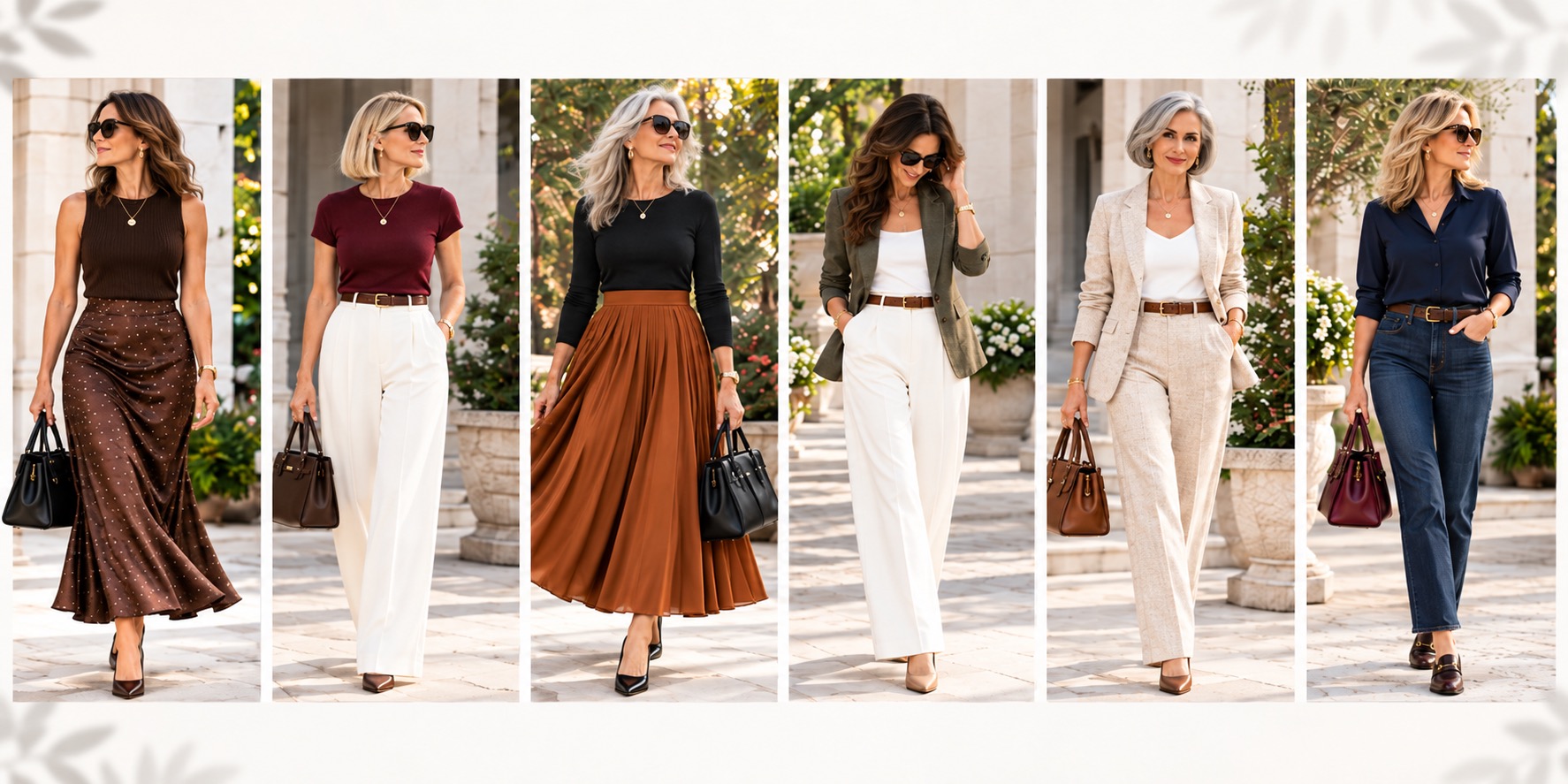 Six stylish women over 40 wearing elegant warm-weather fall outfit formulas