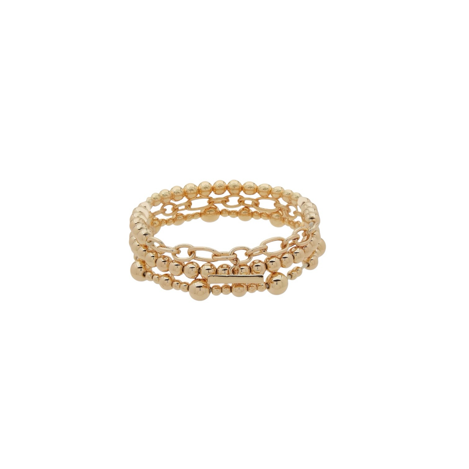 Layered gold bead and chain bracelet stack