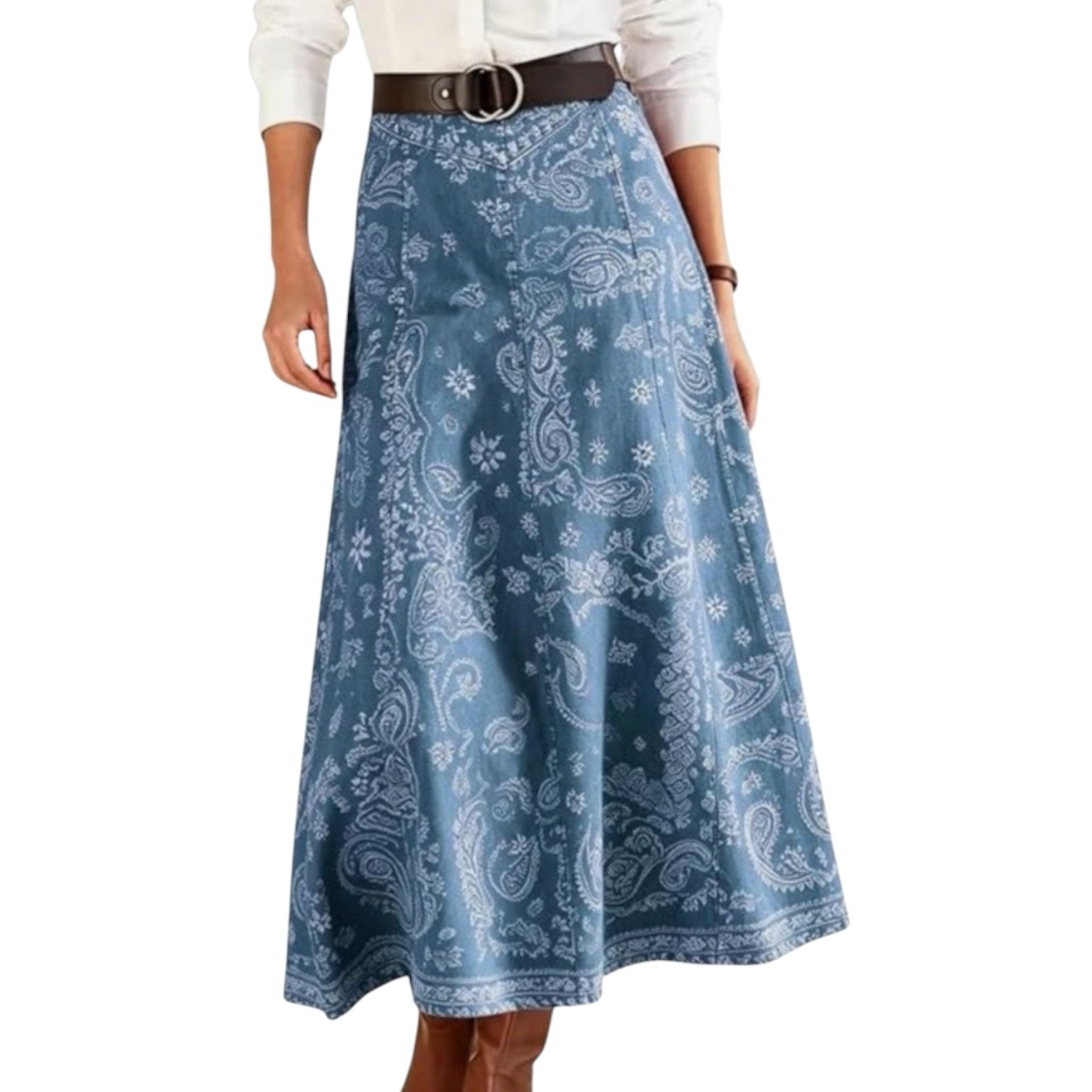 Blue paisley denim A-line midi skirt