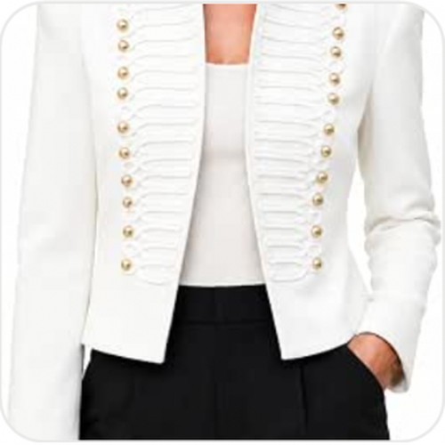 White cropped military jacket with rows of gold buttons, braided trim and a stand collar