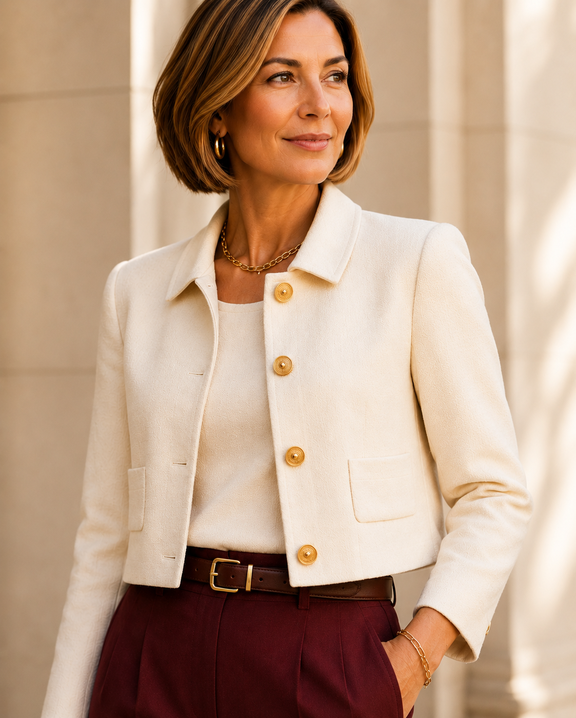 Close-cropped ivory cropped jacket with burgundy tailored trousers for Fall 2026