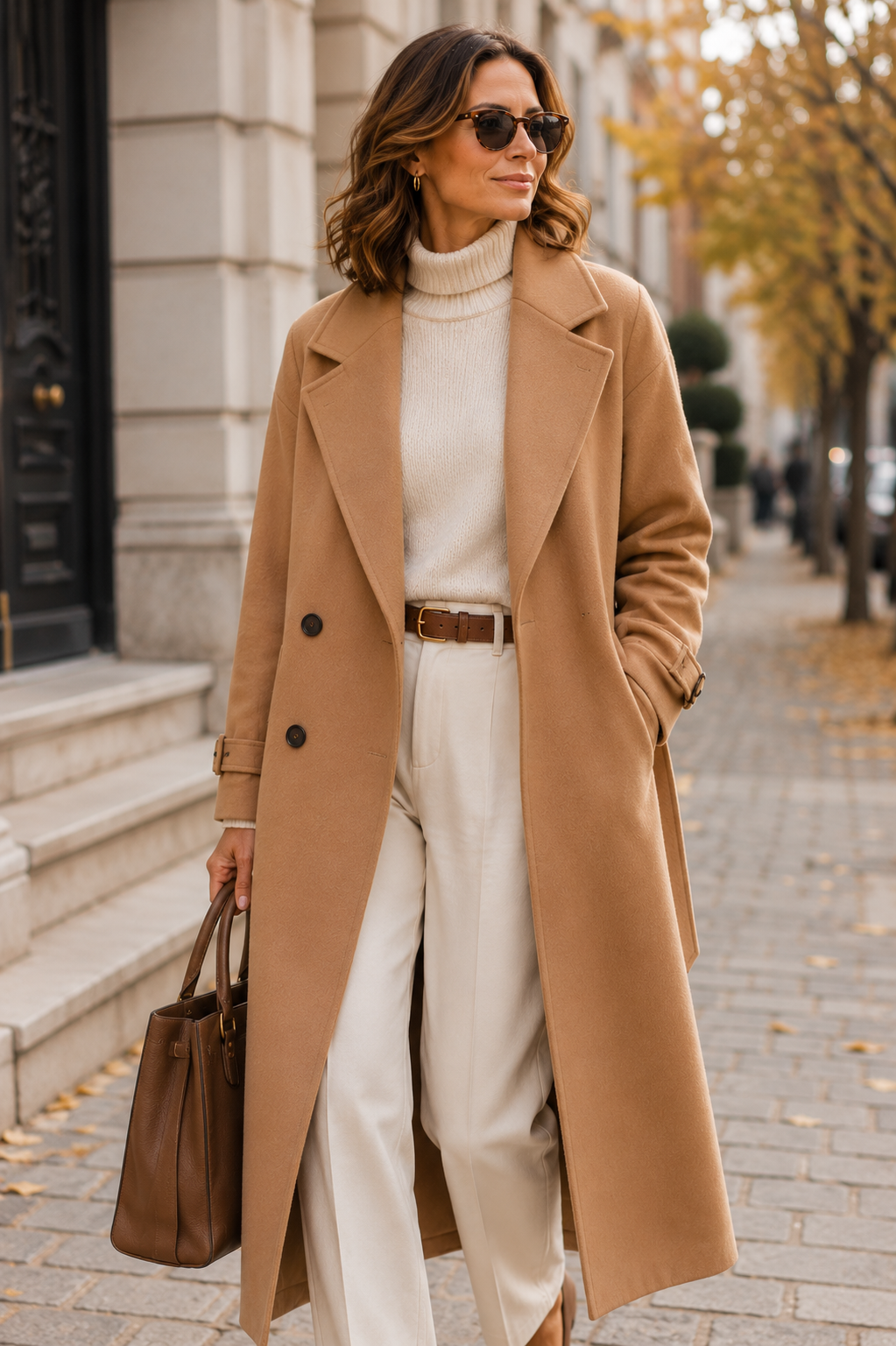 Elegant camel coat with winter-white styling for Fall 2026