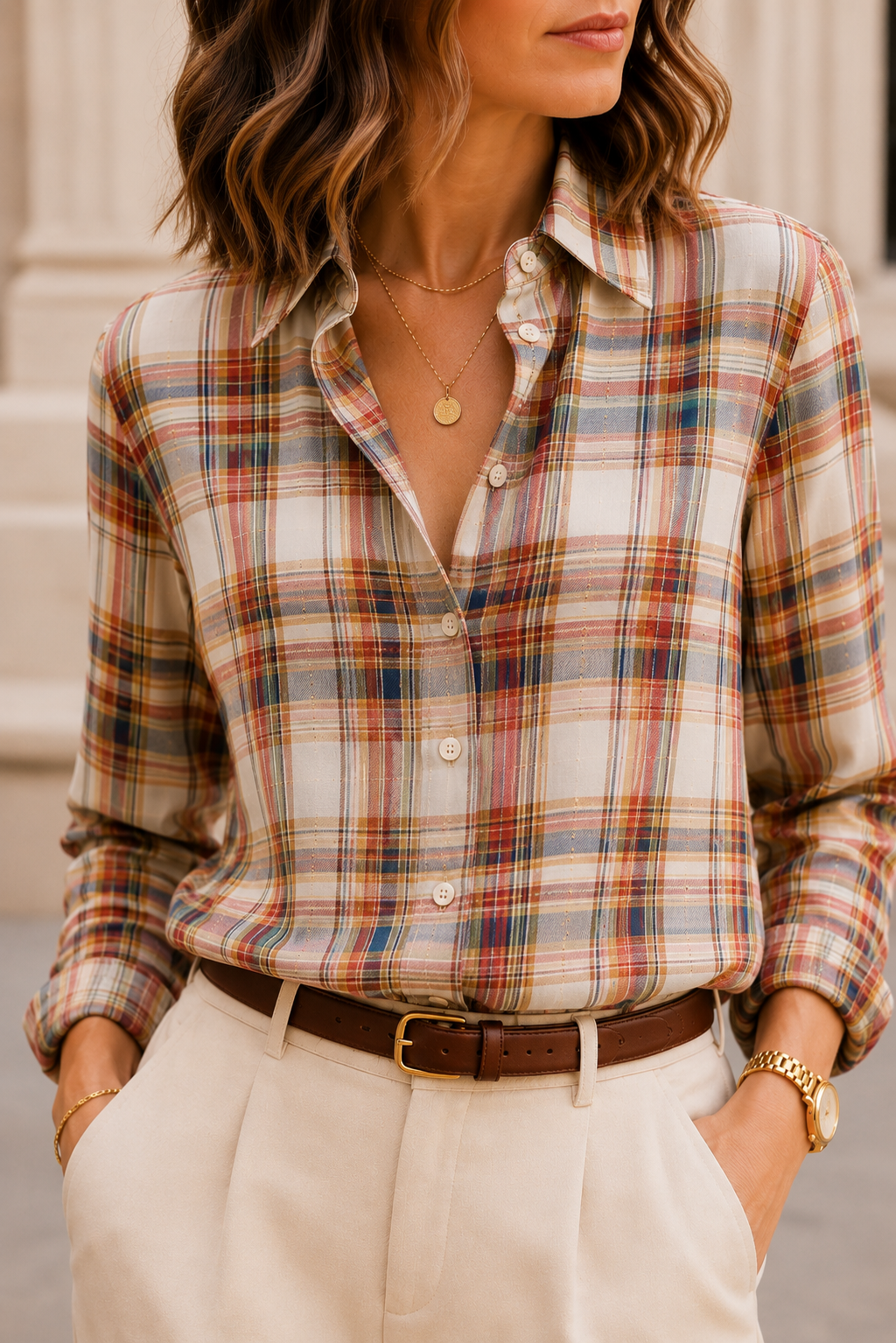 Close-cropped colorful cream camel navy and rust plaid shirt for Fall 2026