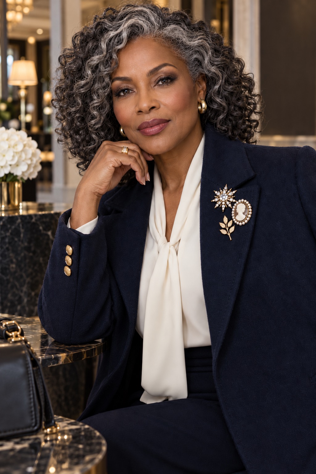 Woman wearing a black blazer and ivory tie-neck blouse with a jeweled black brooch centered at the neckline