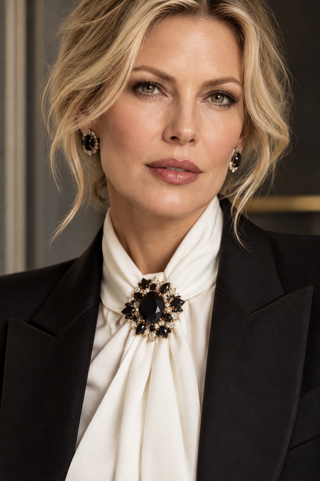Elegant woman in ivory tailoring wearing an heirloom-inspired gold leaf brooch with draped pearls