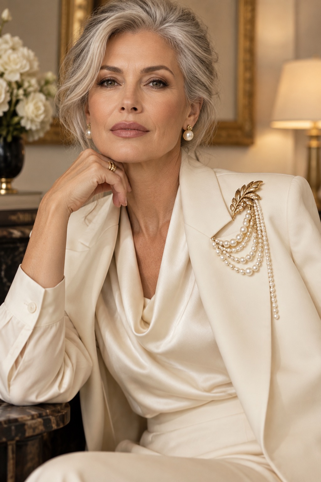 Elegant woman wearing a gold flower brooch high at the shoulder