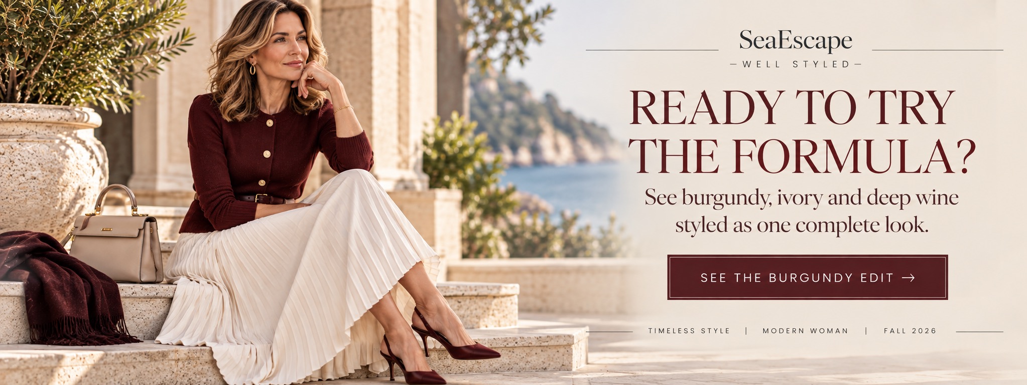 Ready to try the formula? See burgundy, ivory and deep wine styled as one complete look.