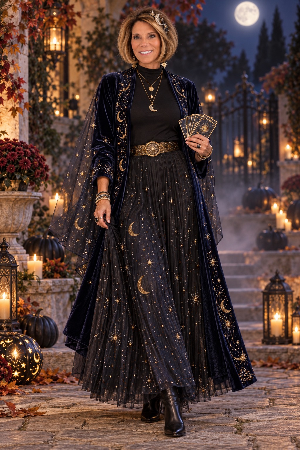 Celestial Queen Halloween look in black and antique gold celestial details