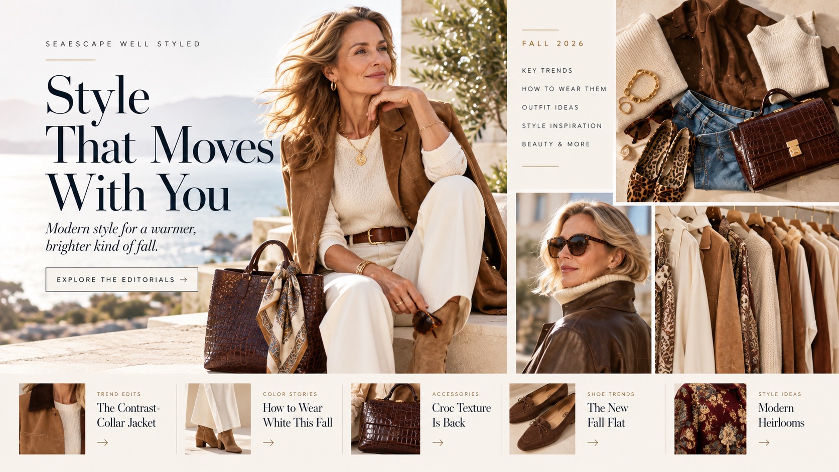 Elegant coastal fashion editorial setting representing the SeaEscape Well Styled Style Journal