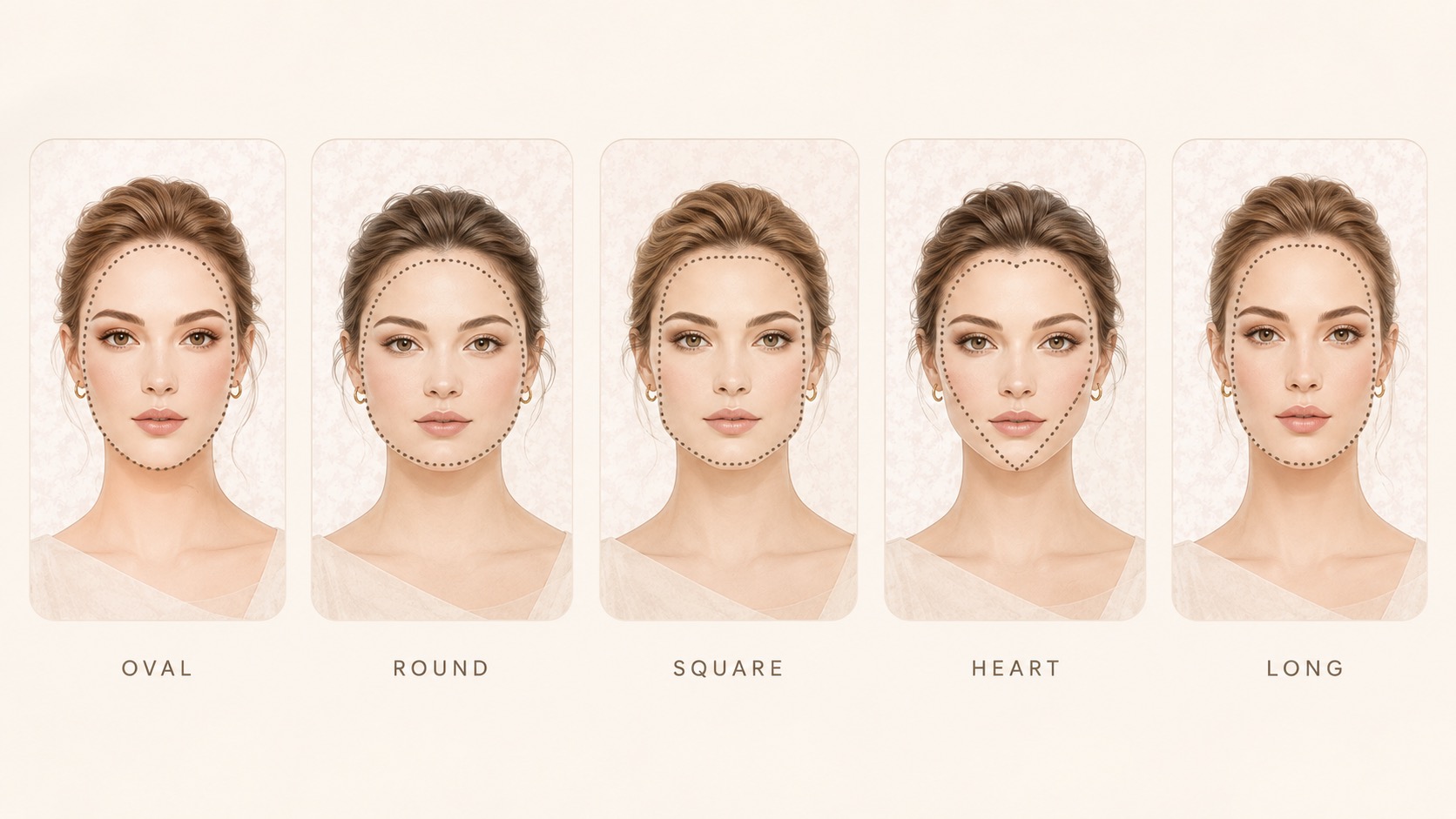 Elegant visual guide showing oval, round, square, heart, and long face shapes