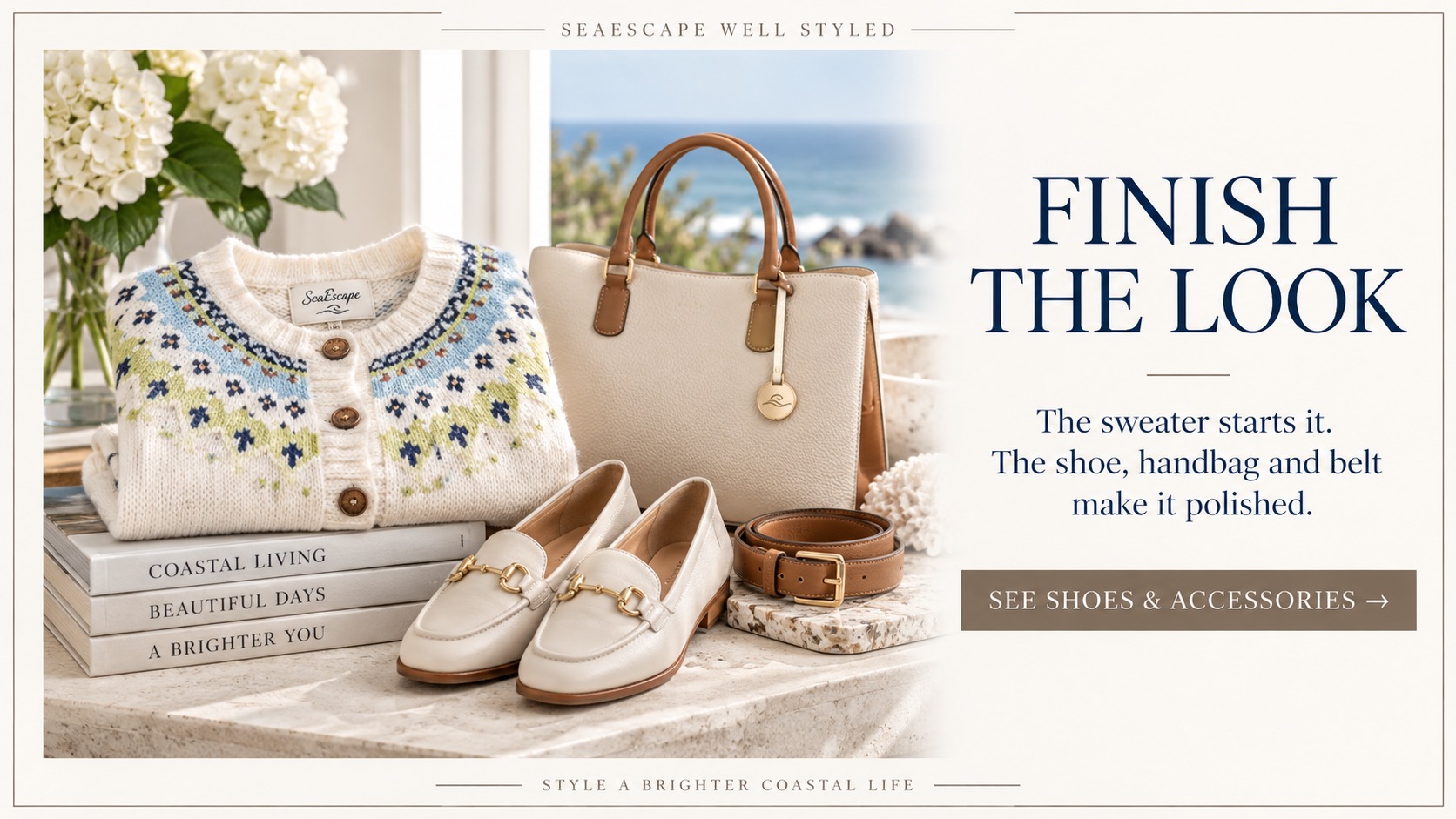 Finish the look. The sweater starts it. The shoe, handbag and belt make it polished. See shoes and accessories.
