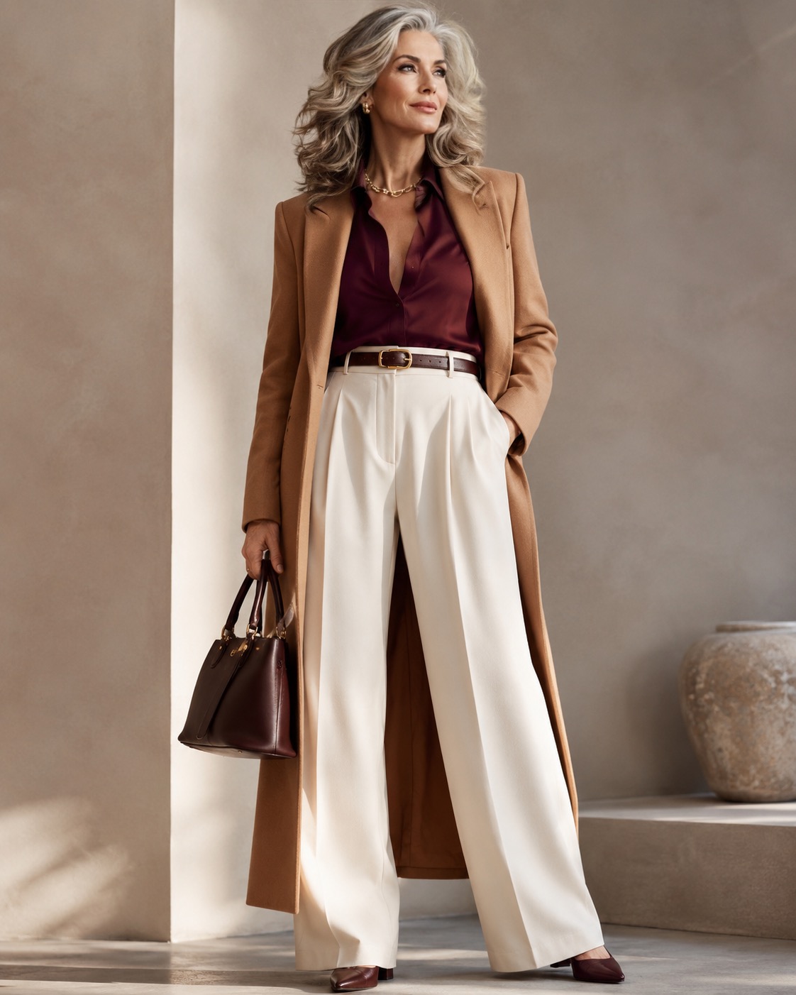 Elegant woman wearing refined Fall 2026 layers in burgundy, camel and ivory
