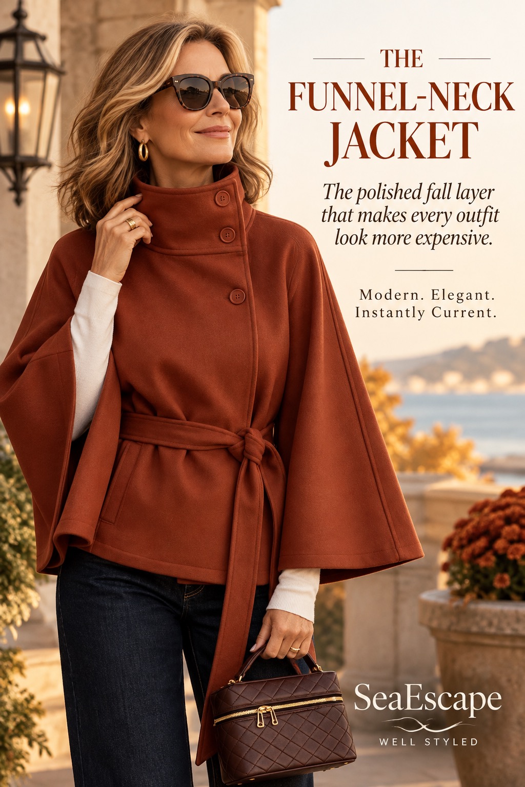 Elegant funnel-neck jacket styling for women over 40 for Fall 2026