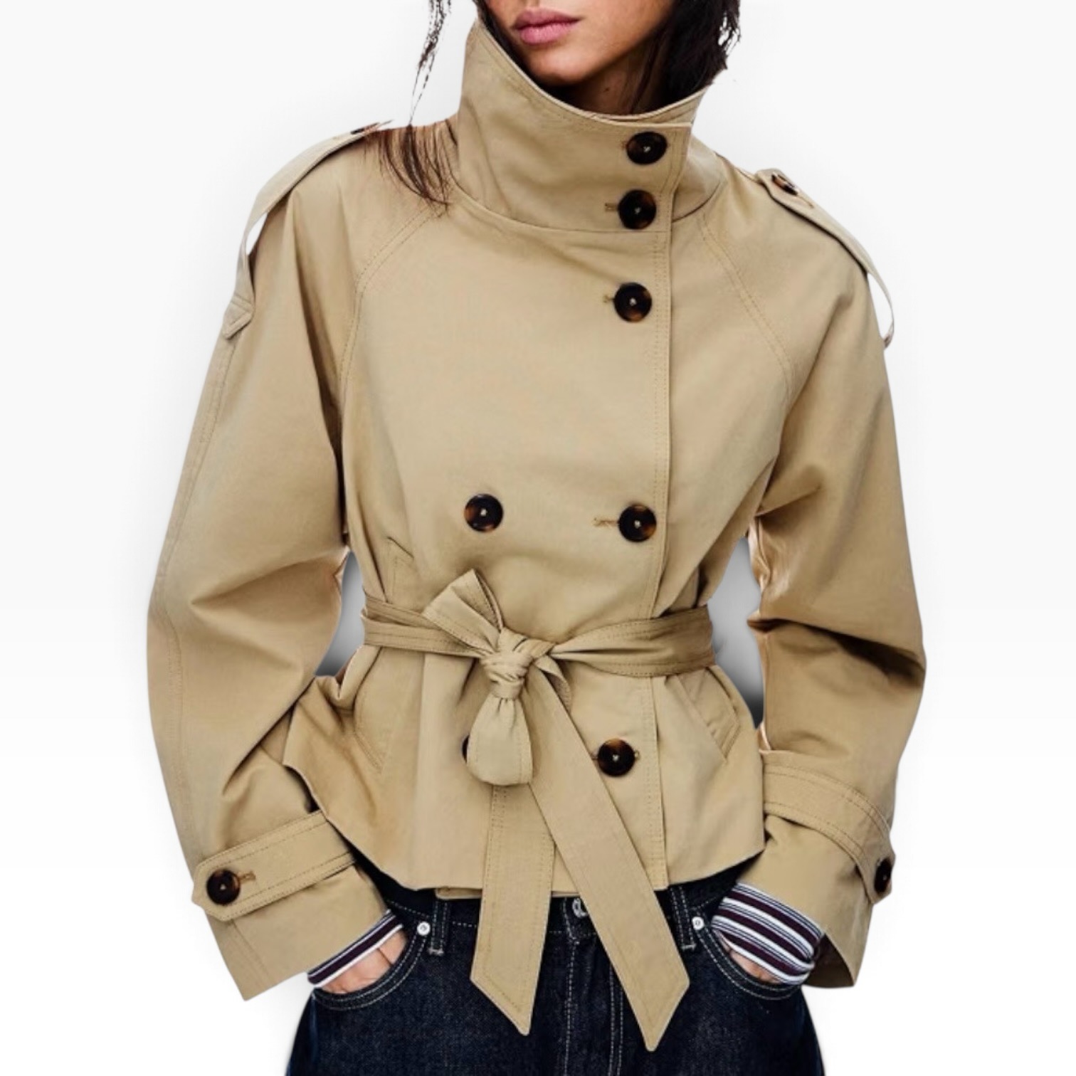 Khaki belted funnel-neck jacket