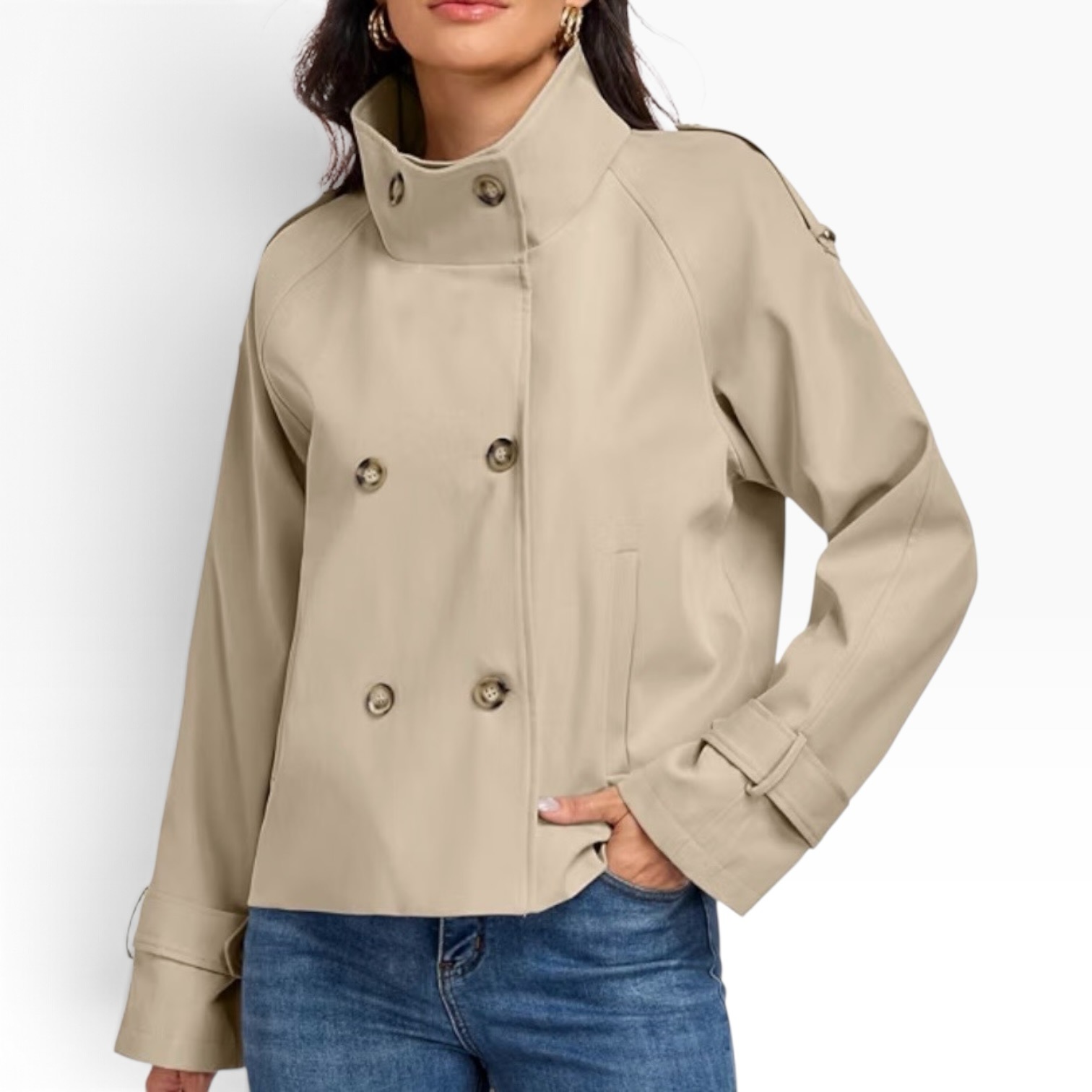 Taupe cropped funnel-neck trench jacket