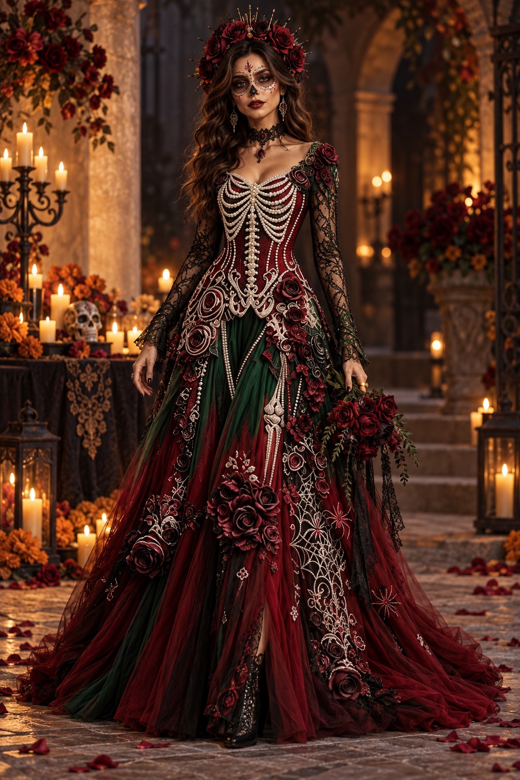 Elegant Halloween style edit with a dramatic red and black skeleton-inspired gown, floral crown and refined statement makeup