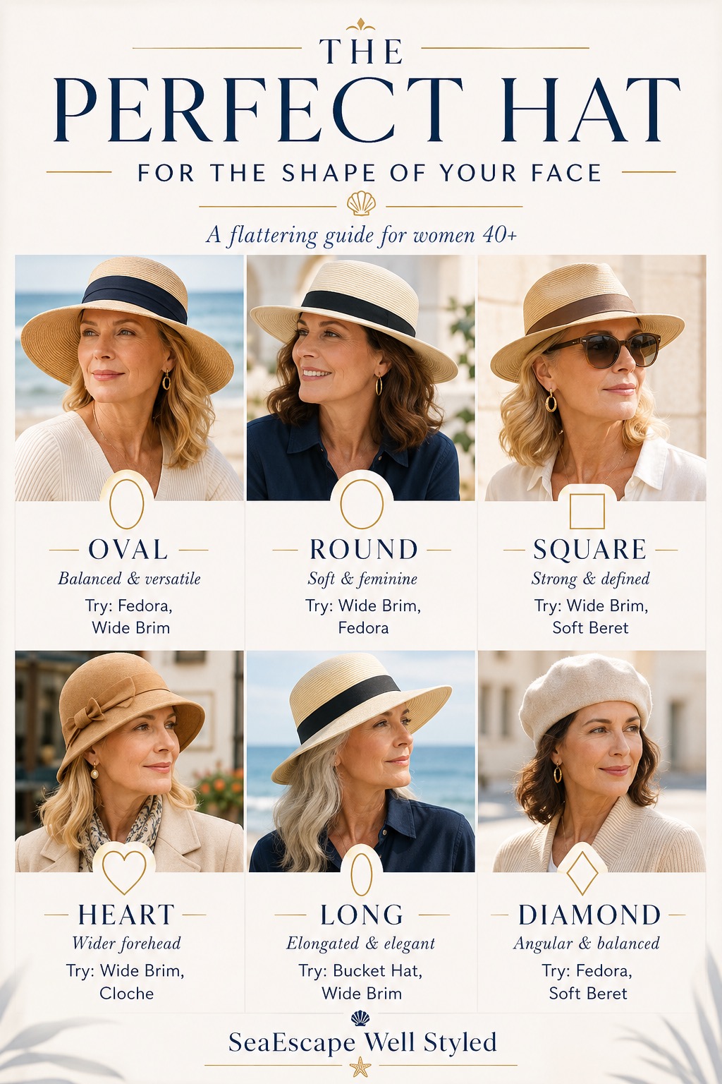 Elegant summer hats selected for different face shapes in the SeaEscape Perfect Hat Guide