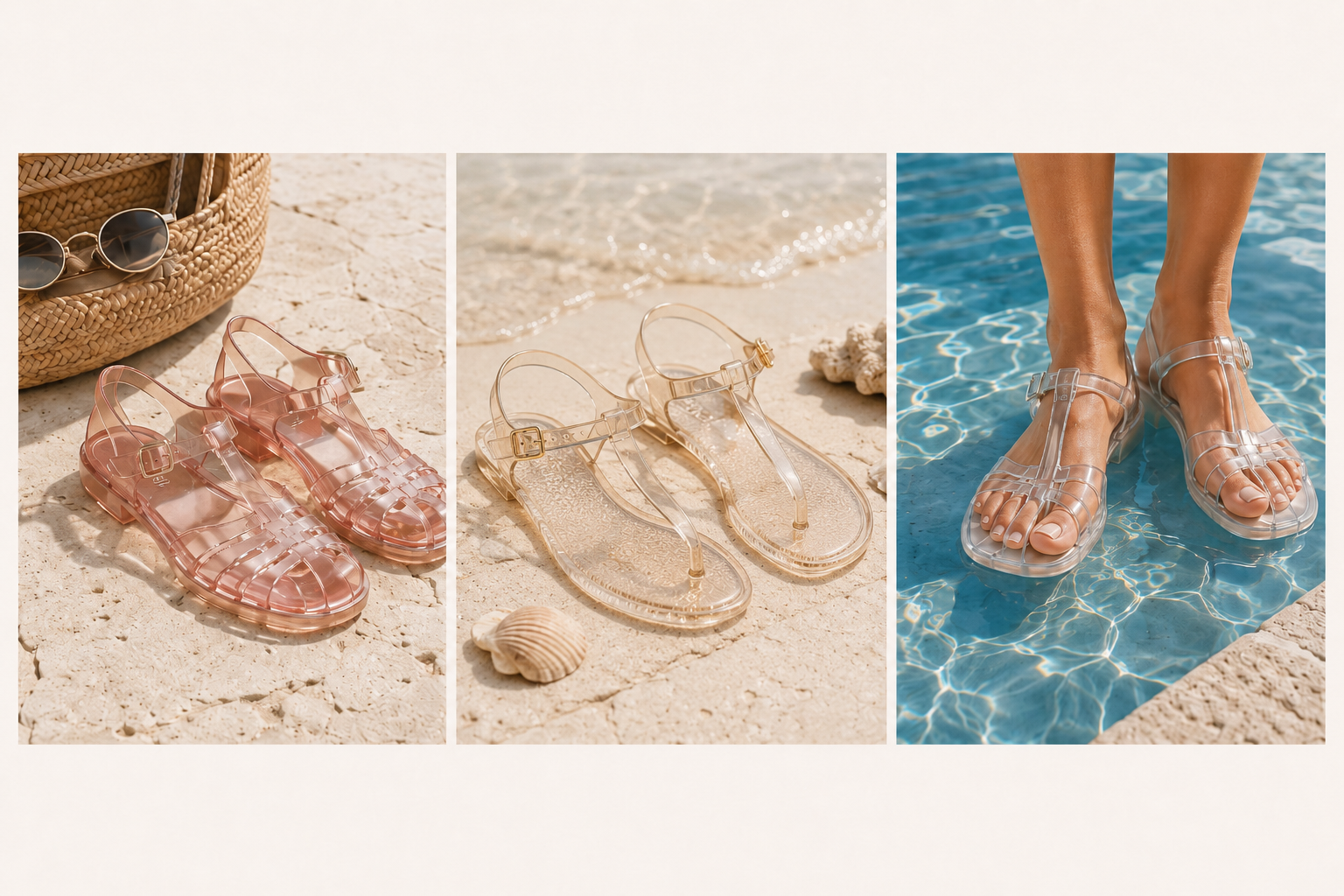 Three editorial images showing jelly sandals styled for summer: pink translucent sandals, beachy clear sandals, and poolside clear sandals.