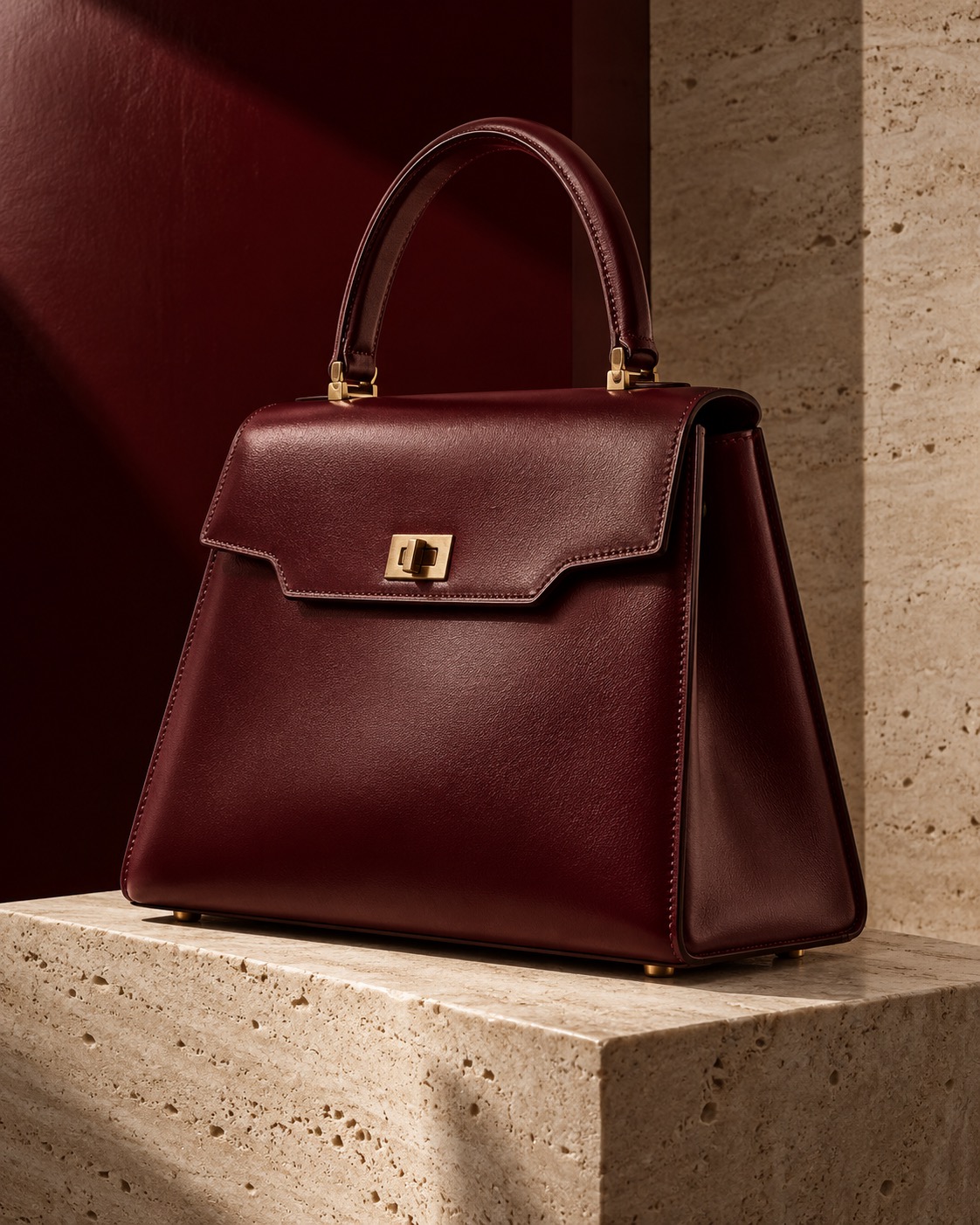Deep maroon structured handbag for Fall 2026
