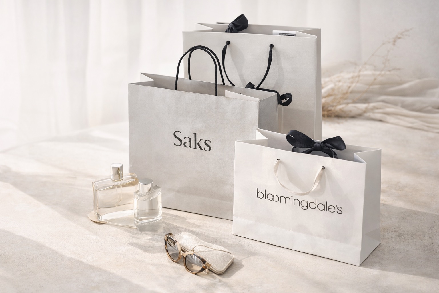 Elegant luxury shopping bags and accessories styled in a refined neutral editorial setting.