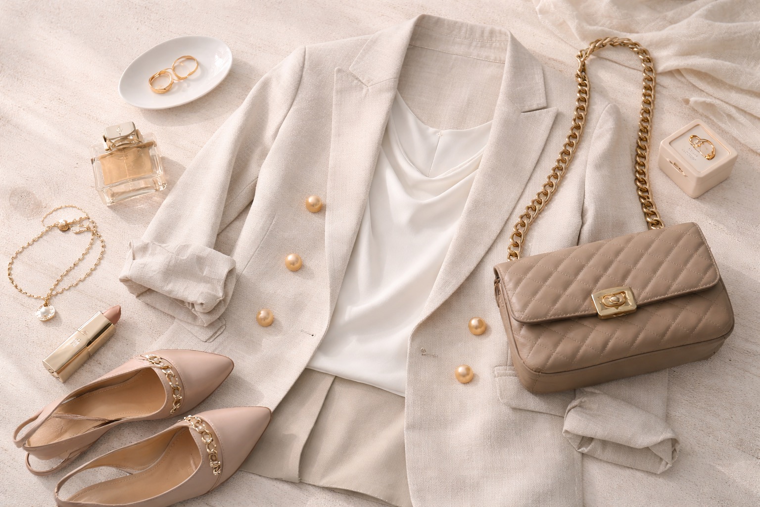 Neutral tailored wardrobe flat lay with jacket, blouse, jewelry, and handbag styled in an elevated editorial way.