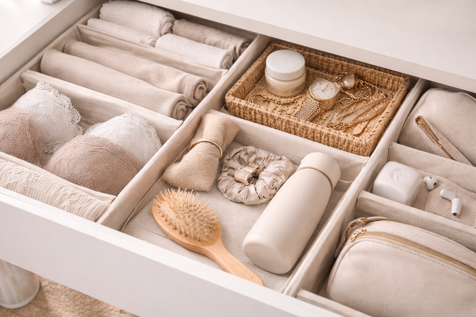 Organized drawer of wardrobe essentials in soft neutral tones with a clean luxury presentation.