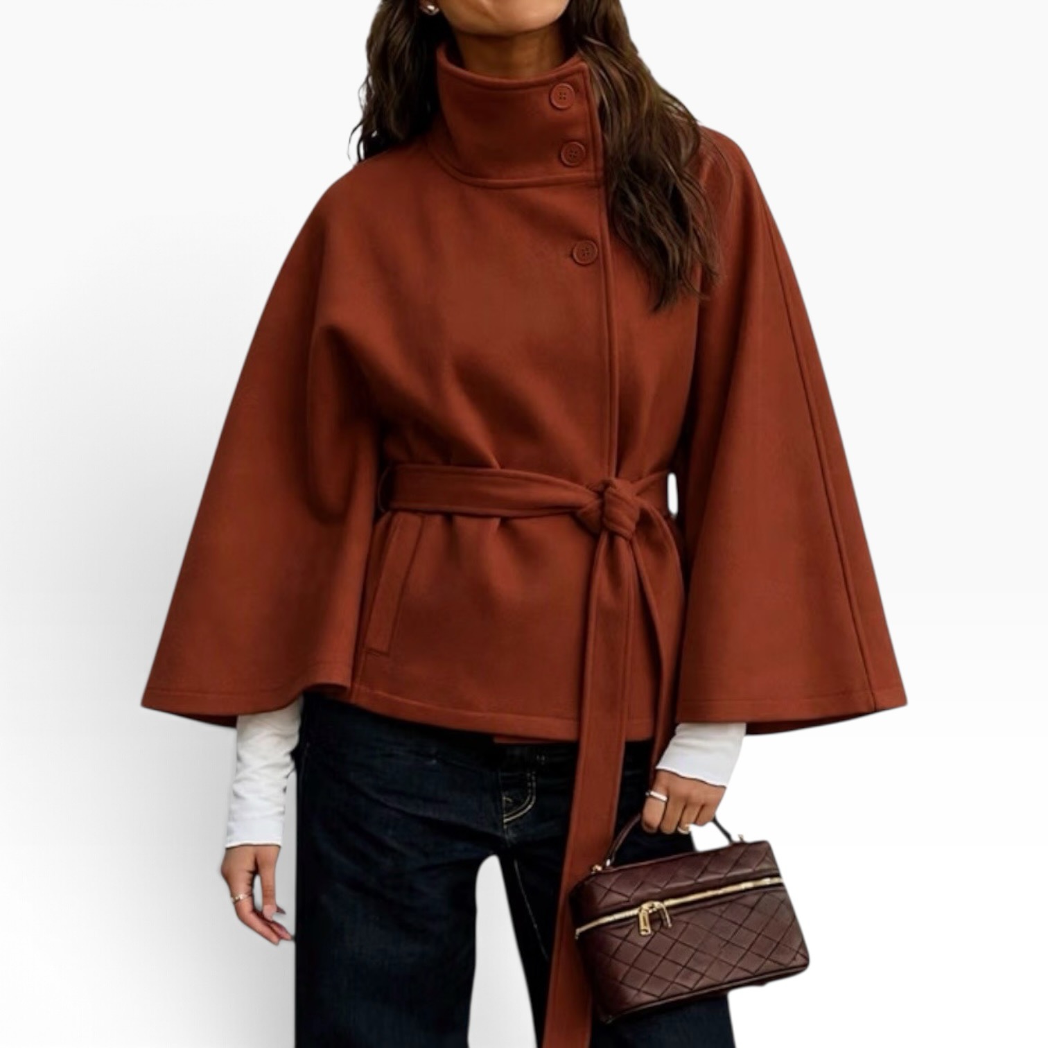 Burnished rust funnel-neck cape jacket