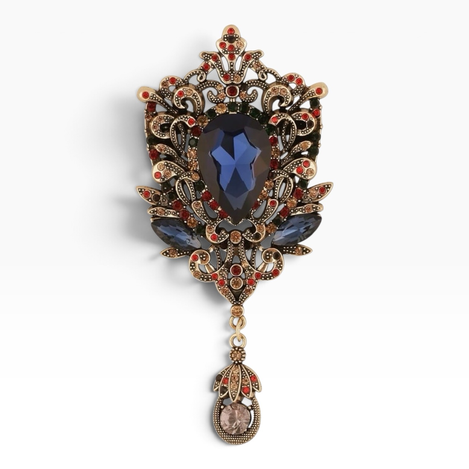 Vintage-inspired jeweled brooch with ornate detailing