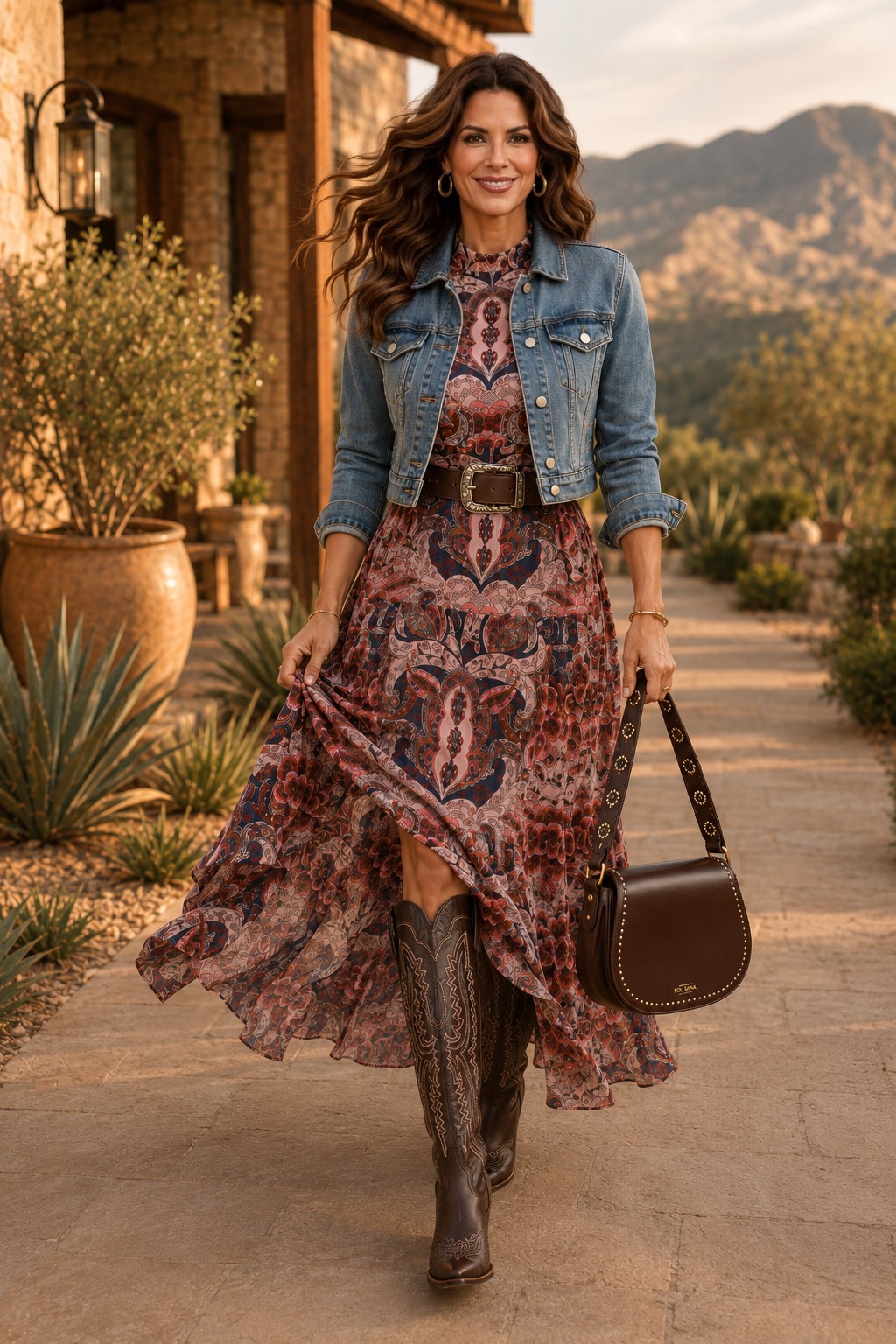 Woman wearing an ivory and brown floral maxi dress with a dark denim jacket, concho belt, turquoise jewelry, and cognac Western boots