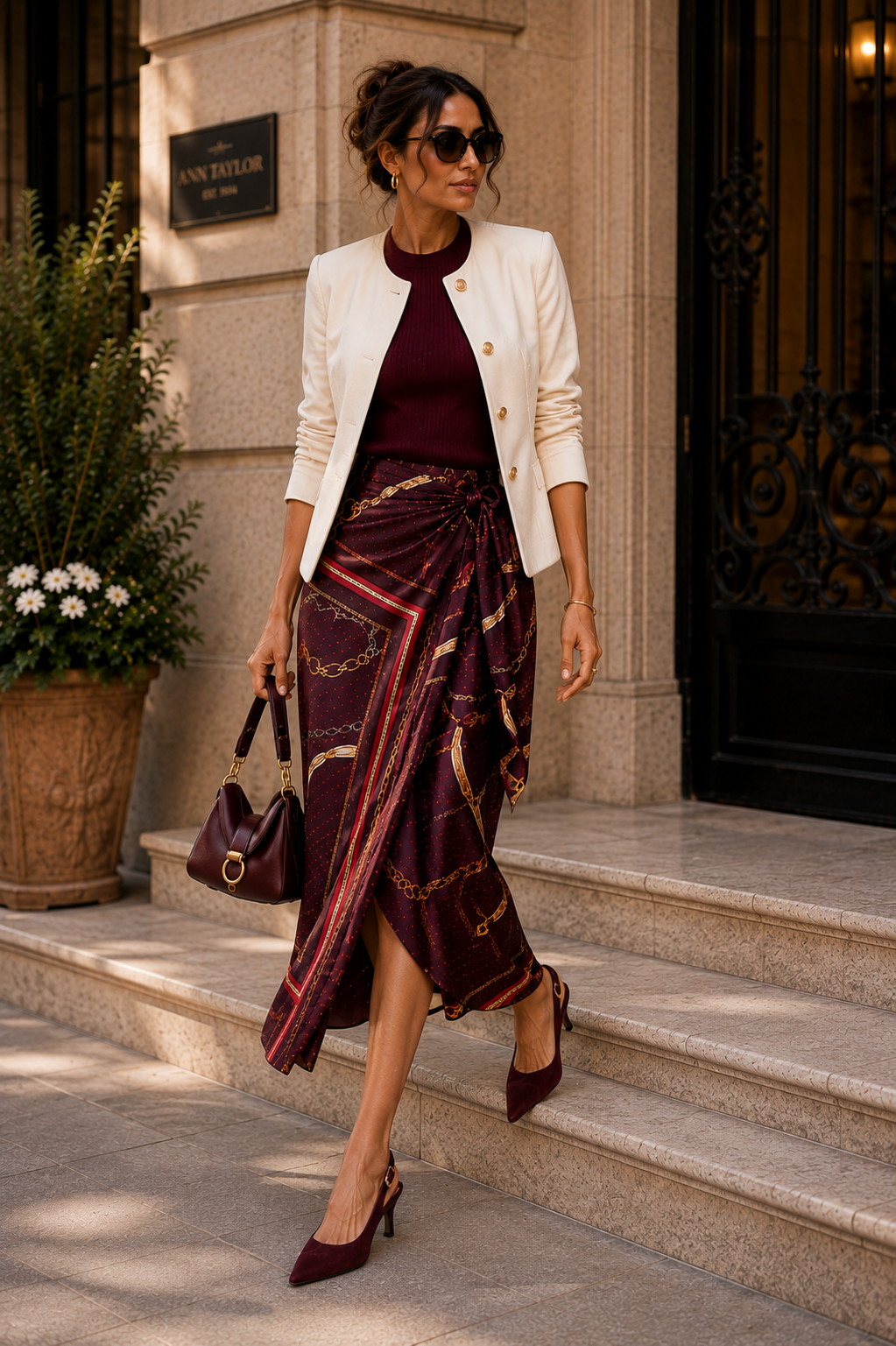 Full-length Burgundy Fall 2026 outfit with an ivory jacket, plum sweater, horsebit-print satin skirt, burgundy handbag and merlot slingbacks