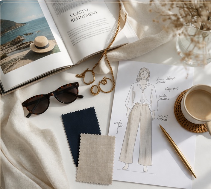 Sunlit editorial workspace for coastal style planning