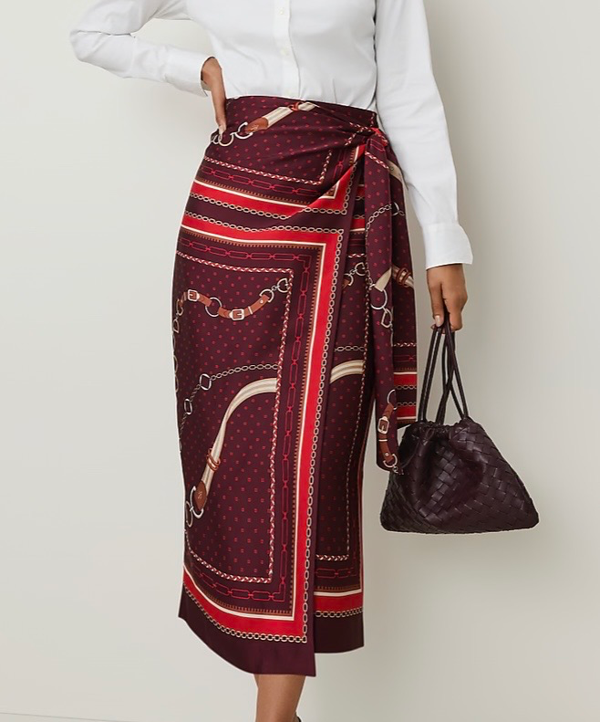 Ann Taylor horsebit-print satin wrap midi skirt in ivory, burgundy and gold