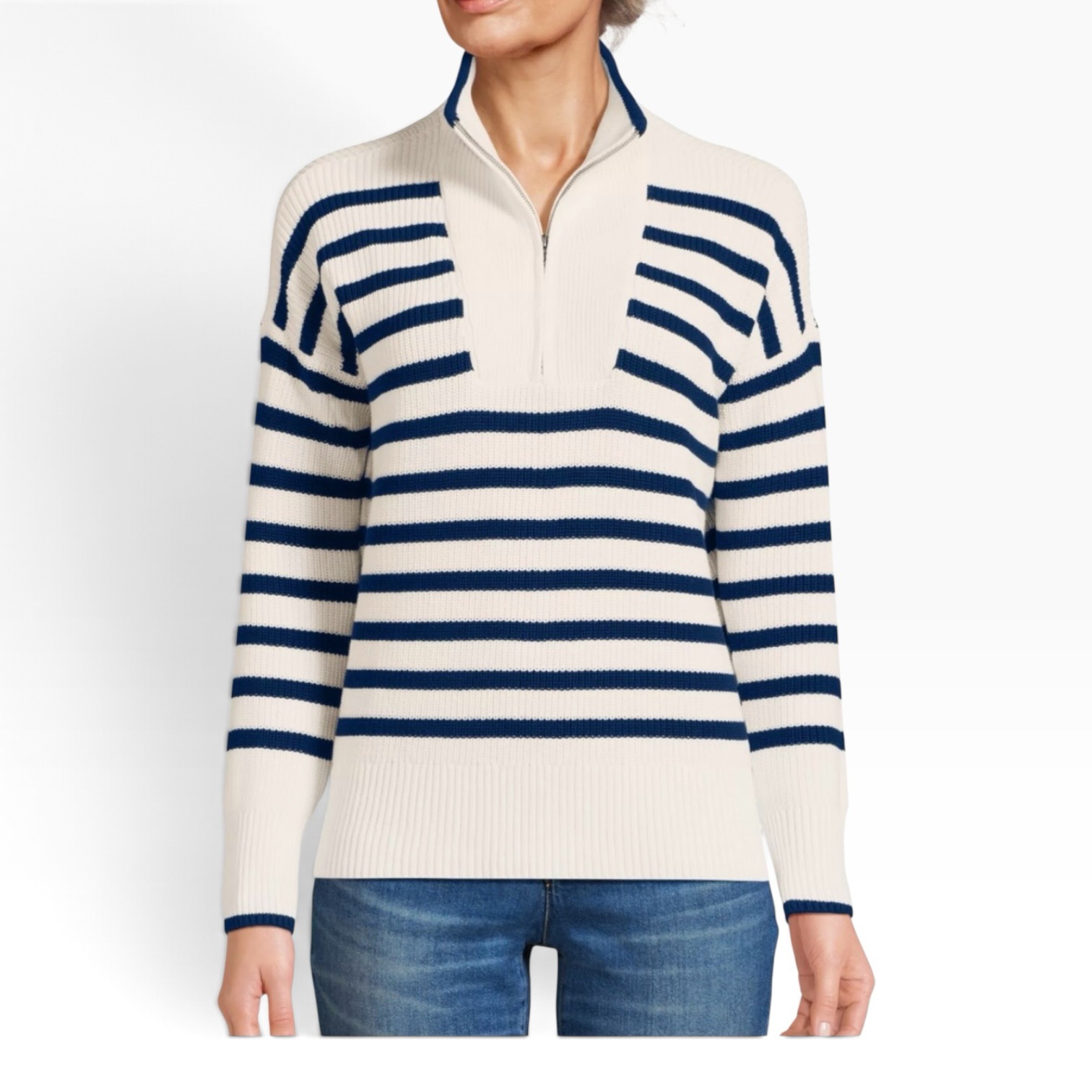 Lands’ End ivory and navy striped sweater
