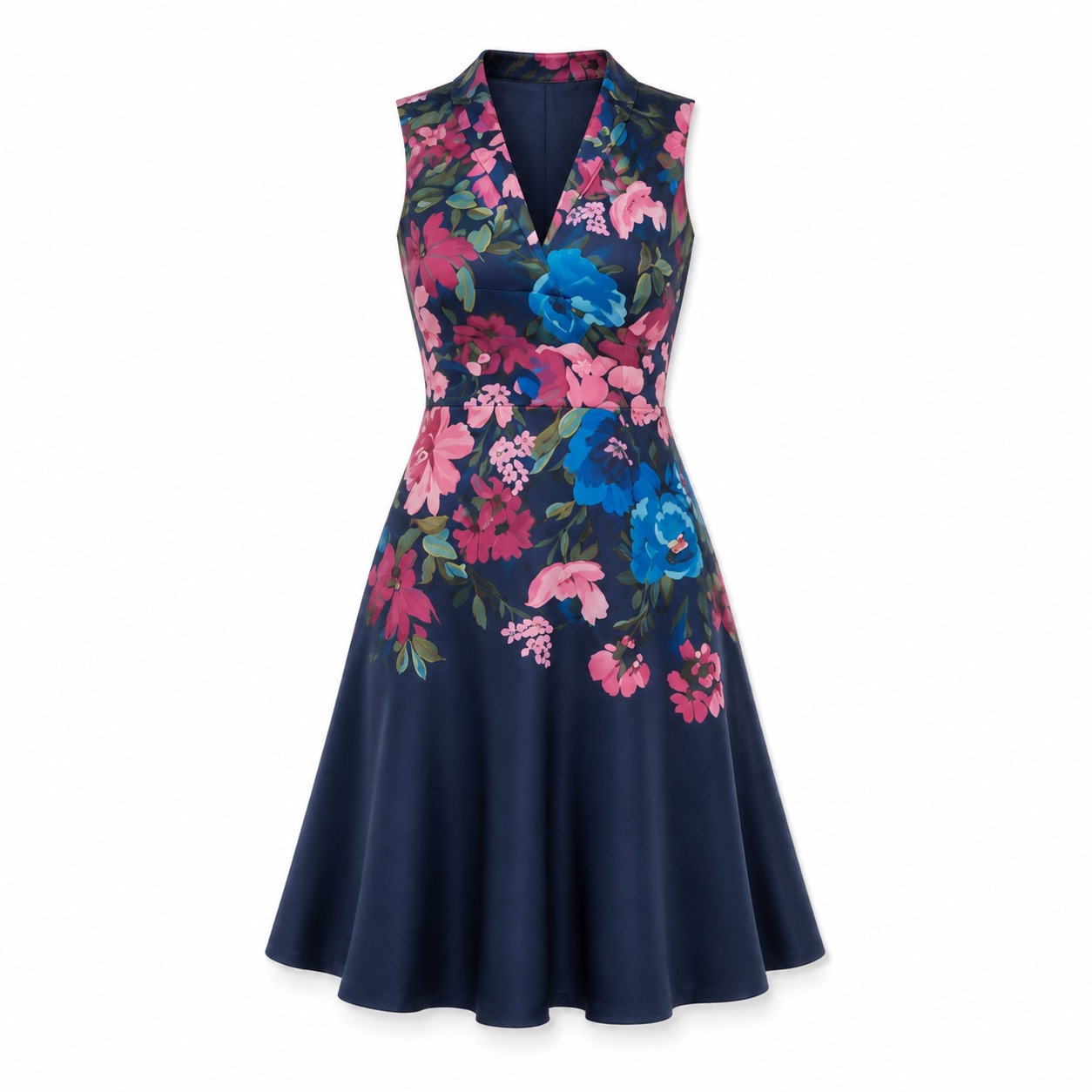 Adrianna Papell Petite Collared Floral Border Twill Midi Dress in Navy Multi