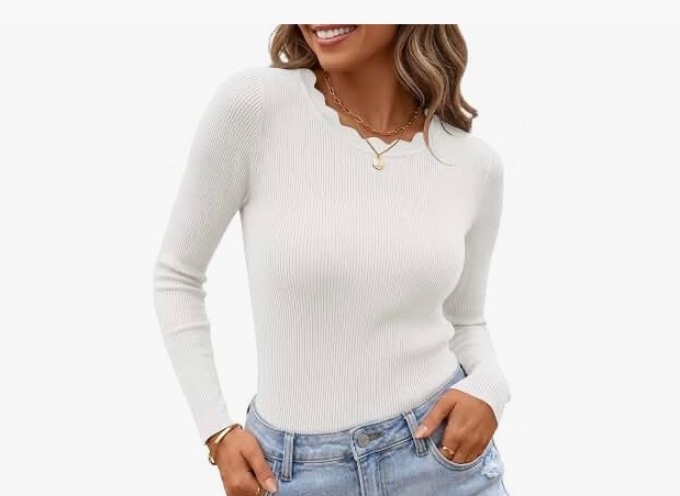 White long sleeve rib-knit crewneck sweater