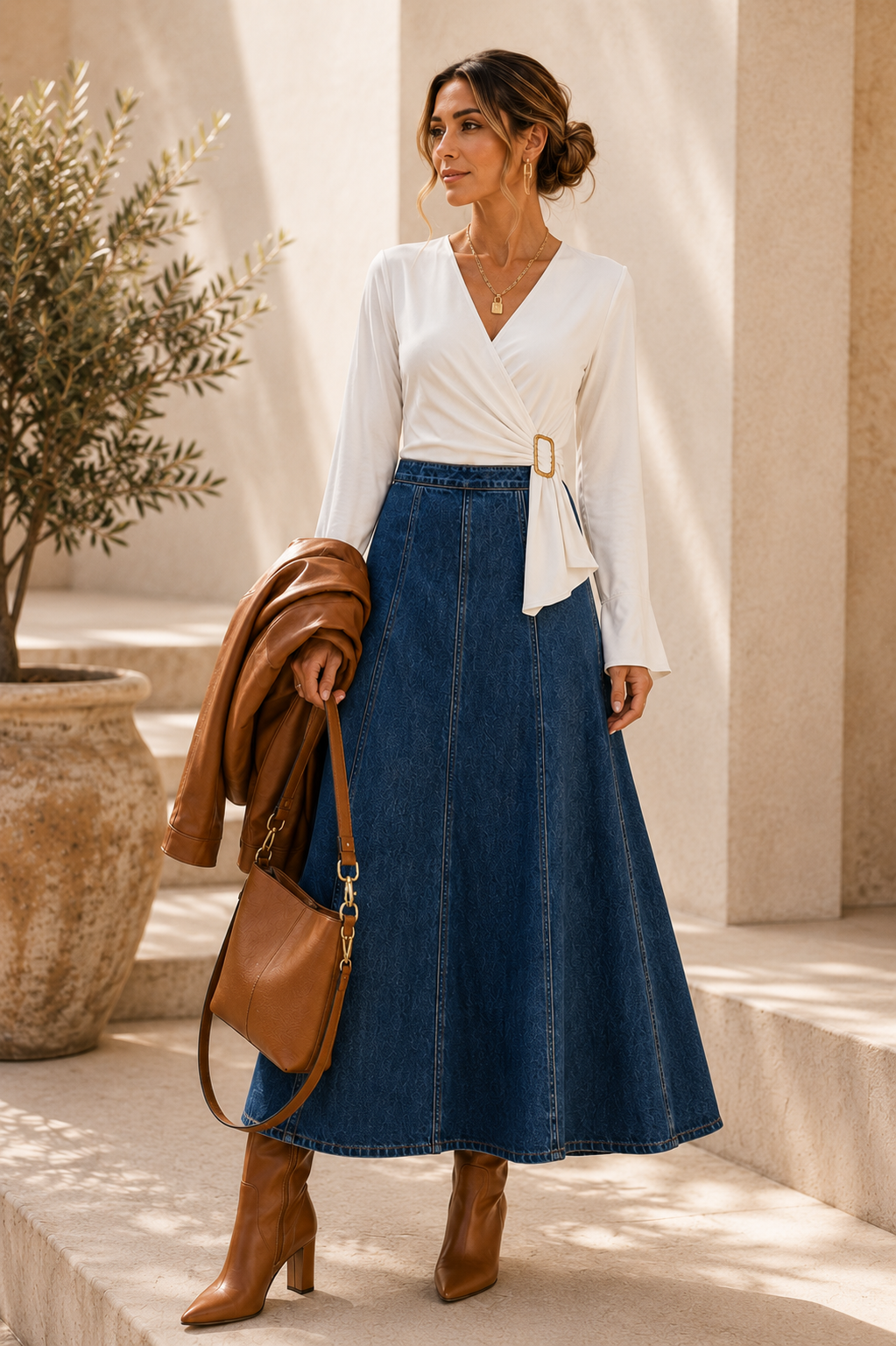 Jean skirt edit with an ivory top, paisley detail and warm caramel handbag and boots