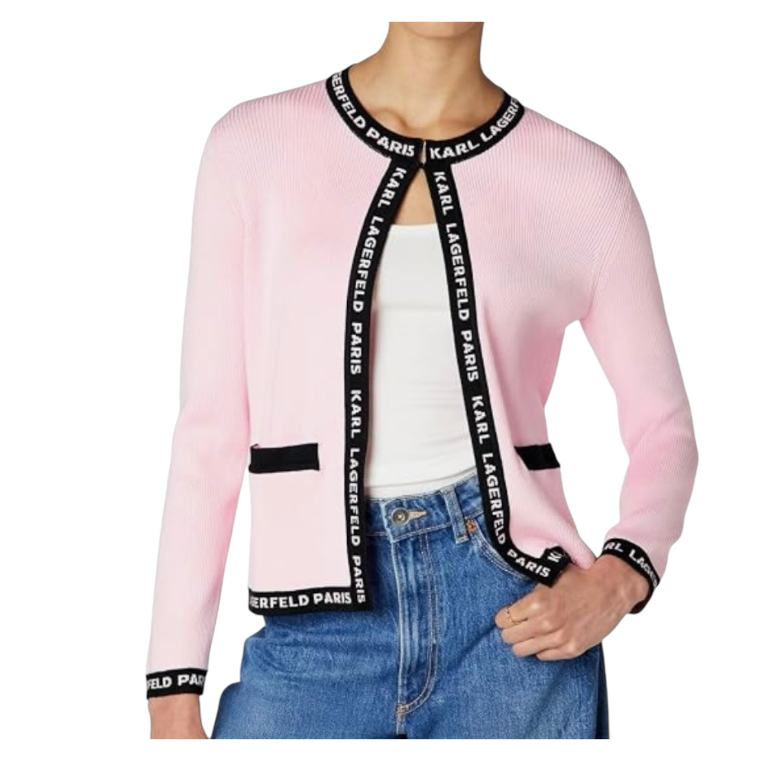 Blush pink cardigan with contrasting black logo trim and black pocket details