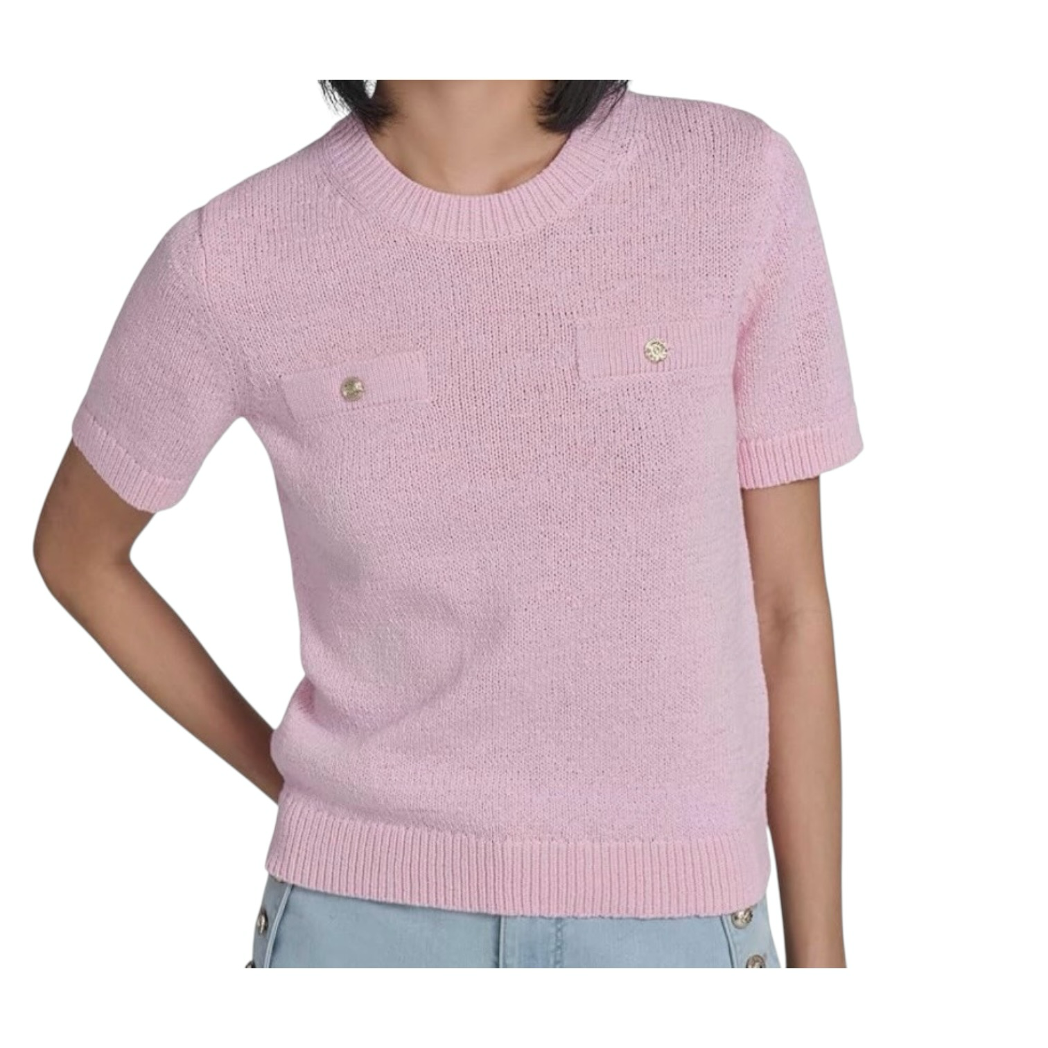 Blush pink short-sleeve knit sweater with gold button pocket details